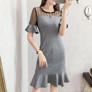Short-sleeve Sheer Panel Patterned Dress
