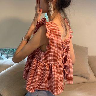 Sleeveless Plaid Frill Trim Top
