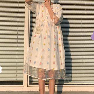 Set: Short-sleeve Mini T-shirt Dress + Short-sleeve Bear Print Mesh Dress As Shown In Figure - One Size