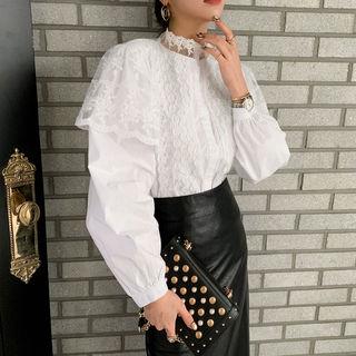 Mockneck Bishop-sleeve Lace Blouse White - One Size