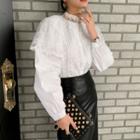 Mockneck Bishop-sleeve Lace Blouse White - One Size