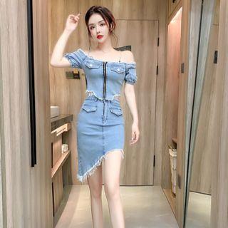 Set: Short-sleeve Off-shoulder Denim Crop Top + Asymmetrical Pencil Skirt