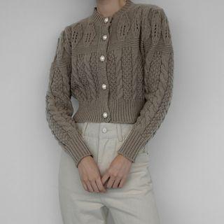Faux-pearl Cropped Cable-knit Cardigan