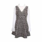 Set: Mesh Long-sleeve Top + V-neck Tweed Pinafore Dress
