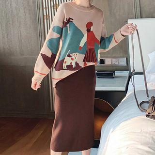 Set: Printed Sweater + Midi Knit Skirt
