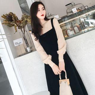 Mock Two-piece Mock Neck Long-sleeve Midi A-line Knit Dress