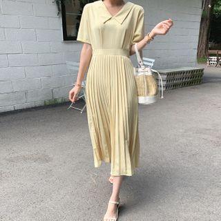 V-neck Pleated-hem Dress Yellow - One Size