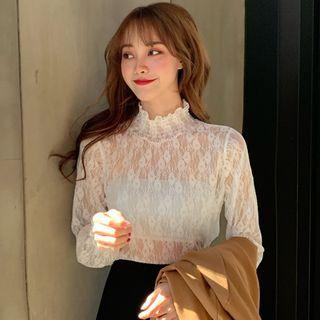 Flared-cuff Mock-neck Lace Top