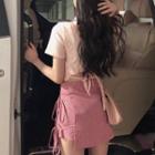 Short-sleeve Print T-shirt / High-waist Plaid Drawstring Skirt