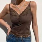 Ribbed V-neck Lace Trim Camisole Top