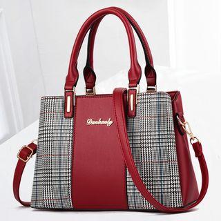 Plaid Panel Faux Leather Hand Bag