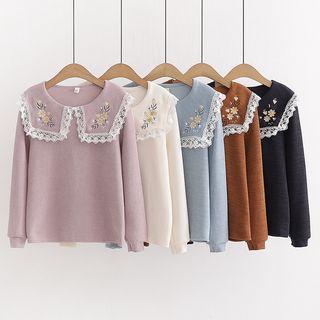 Lace Trim Embroidered Collared Corduroy Top