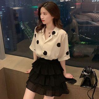 Set: Short-sleeve Dotted Shirt + Layered Skirt
