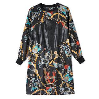 Faux Leather Panel Long-sleeve Shift Dress