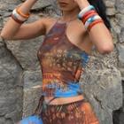 Chinese Character Print Cropped Halter Top