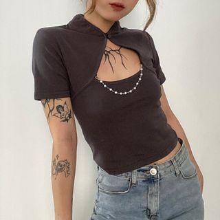 Short-sleeve Cut-out Faux Pearl Strap Top