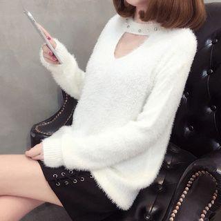 Faux Pearl Accent Cutout Knit Sweater