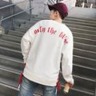 Couple Long-sleeved Floral Print Lettering Loose-fit Crewneck Drawcord Sweatshirt
