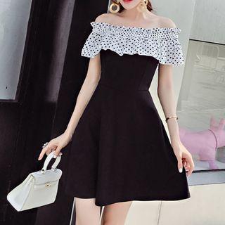 Off-shoulder Dotted Short-sleeve A-line Dress