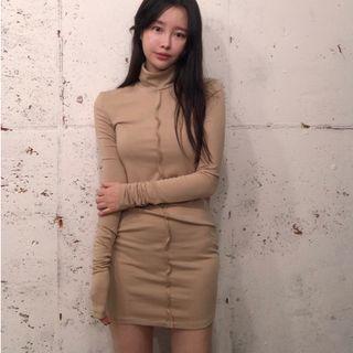 Mock Neck Long-sleeve Ruffle Trim Plain Dress Khaki - One Size