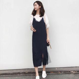 Set: Elbow-sleeve T-shirt + Midi A-line Pinafore Dress
