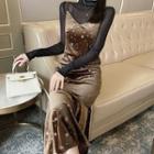 Long-sleeve Mesh Top / Star Print Midi Pinafore Dress