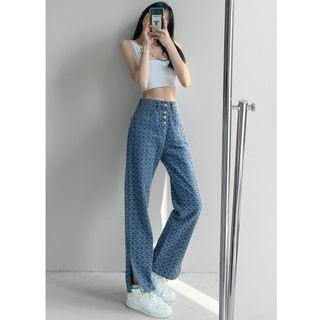 Patterned Side-slit Straight-cut Jeans