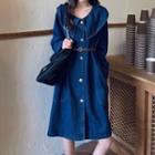 Set: Long-sleeve Wide-collar A-line Denim Dress + Belt