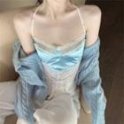 Spaghetti Strap Lace Panel Top Light Blue - One Size