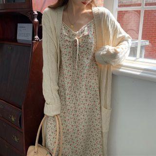 Spaghetti Strap Flower Print Midi A-line Dress / Open Front Cable-knit Midi Cardigan