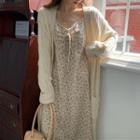 Spaghetti Strap Flower Print Midi A-line Dress / Open Front Cable-knit Midi Cardigan