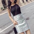 Set: Spaghetti Strap Perforated Top + Metallic A-line Mini Skirt