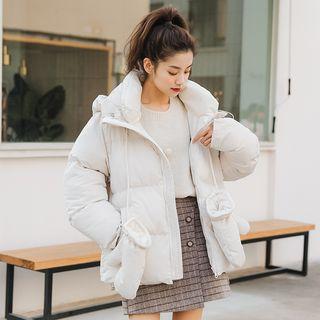 Set: Plain Zip Hooded Padded Jacket + Mittens