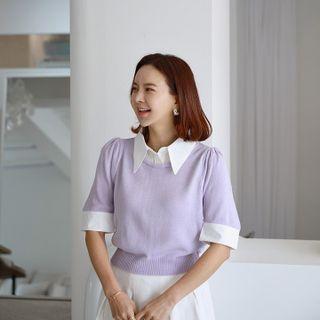 Short-sleeve Inset Shirt Knit Top