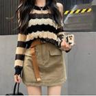 Long-sleeve Stripe Perforated Knit Top / High-waist Plain A-line Skirt