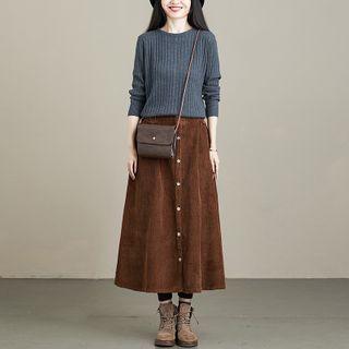 Corduroy Midi A-line Skirt Brown - One Size