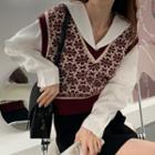 Set : Pattern Vest + Peter Pan Collar Long-sleeve Shirt