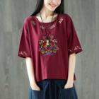 Embroidered Round-neck Elbow-sleeve T Shirt