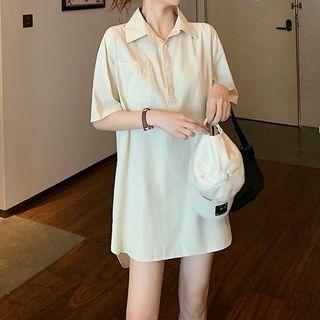 Set: Elbow-sleeve Polo Shirt + Buttoned Mini A-line Skirt