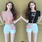 Short-sleeve Heart Embroidered Ribbed Knit Top / Denim Hot Pants