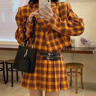 Set: Double-breasted Plaid Blazer + Plaid A-line Skirt
