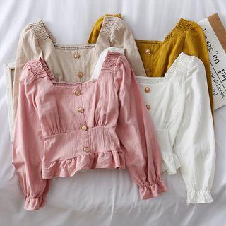 Square-neck Ruffled-trim Crop Blouse