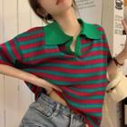 Short-sleeve Striped Ribbed Polo Knit Top Knit Top - Stripes - Red & Green - One Size
