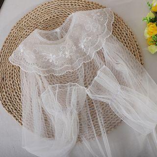 Long-sleeve Flower Embroidered Mesh Top White - One Size