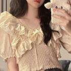 Puff-sleeve Ruffled V-neck Blouse Almond - One Size