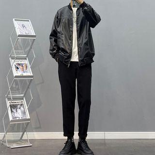 Faux-leather Baseball Jacket / Short-sleeve Lettering T-shirt / Plain Slim-fit Pants