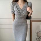 Short-sleeve Twist-front Knit Midi Bodycon Dress
