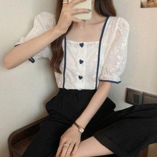 Square-neck Puff-sleeve Contrast Trim Blouse White - One Size
