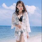 Long-sleeve Open Front Lace Cover-up White - One Size