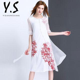 Leaf Embroidered Mesh Panel Elbow Sleeve Dress